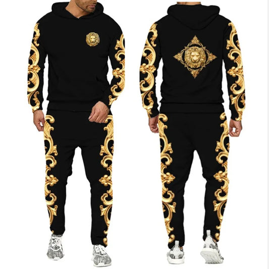 Baroque Court Style Hoodie/Suit Men's Luxury Golden Flower 3D Printed Sweatshirt&Trousers Set Fashion Unisex Streetwear Clothing