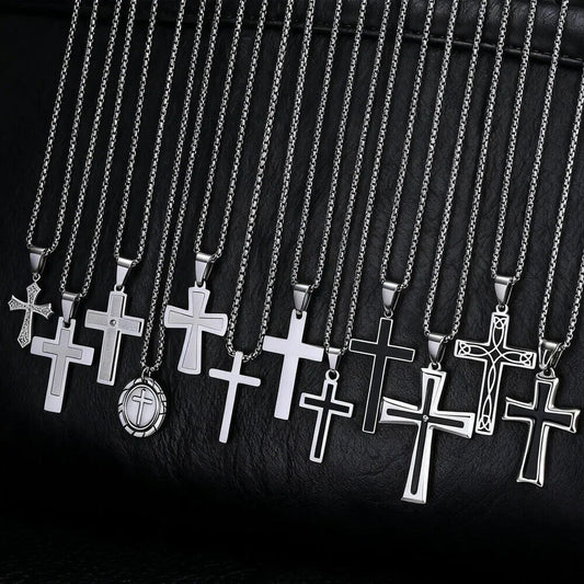 Basic Punk Cross Necklace for Men Boys,Stainless Steel Silver Color Cross Pendant Necklace,Christian Religious Jewelry Gift