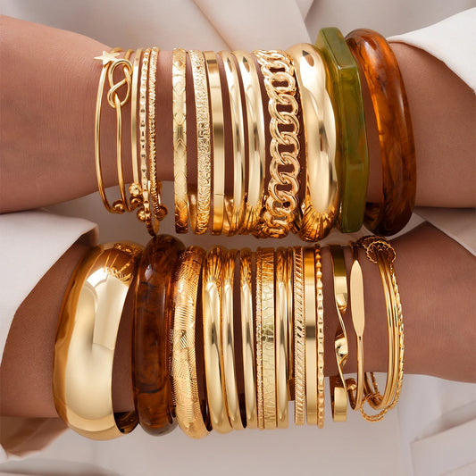 Fashion Minimalist Elegant Metal Textured Resin Cuff Bangle Bracelet Set Boho Adjustable Layered Wristband Daily Party Jewelry