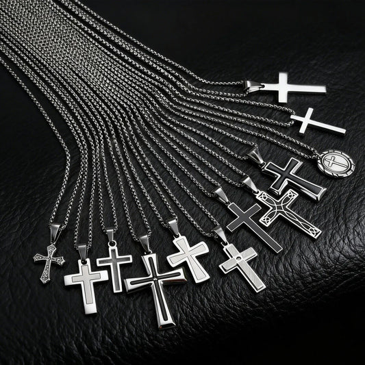 Basic Punk Cross Necklace for Men Boys,Stainless Steel Silver Color Cross Pendant Necklace,Christian Religious Jewelry Gift