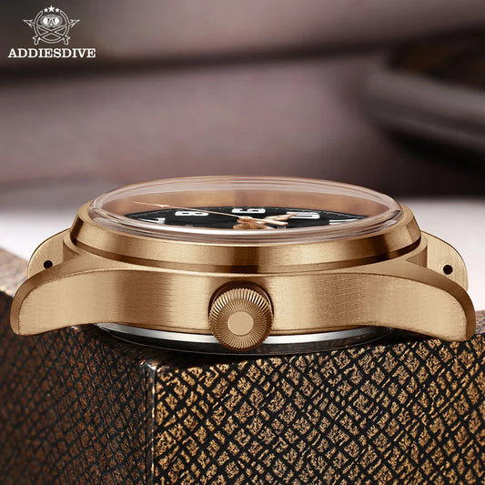 ADDIESDIVE 39mm Vintage CuSn8 Bronze Diver 200m Men's Watch Bubble mirror sapphire glass Automatic Mechanical Leather Strap