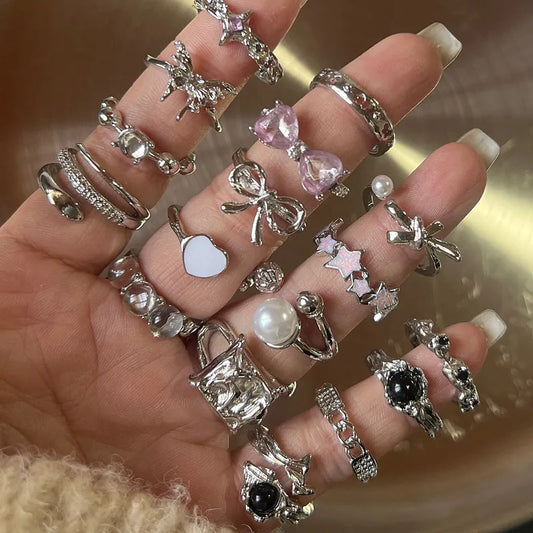Fashion Trend Pink Crystal Bowknot Heart Rings Zircon Ring Y2K Shiny Zircon Rings for Women Girls Party Aesthetic Jewelry 2024 N