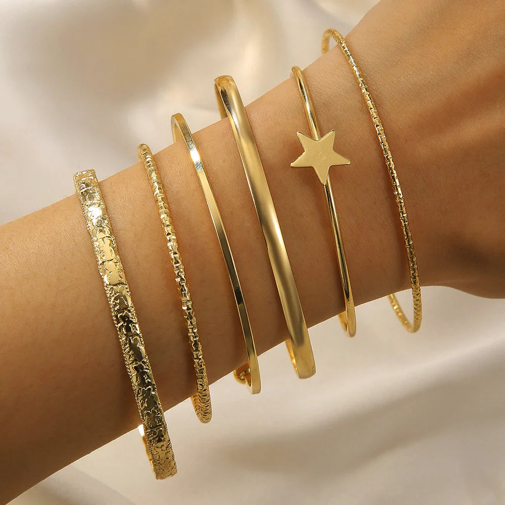Fashion Minimalist Elegant Metal Textured Resin Cuff Bangle Bracelet Set Boho Adjustable Layered Wristband Daily Party Jewelry