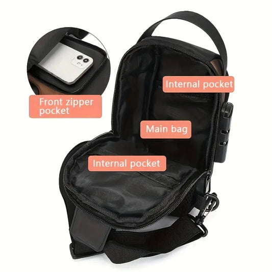 Men's Sporty Chest Bag Motorcycle Phone Pack with Password Lock, Zipper Closure Crossbody Sling Bag for Daily Commute Outdoor
