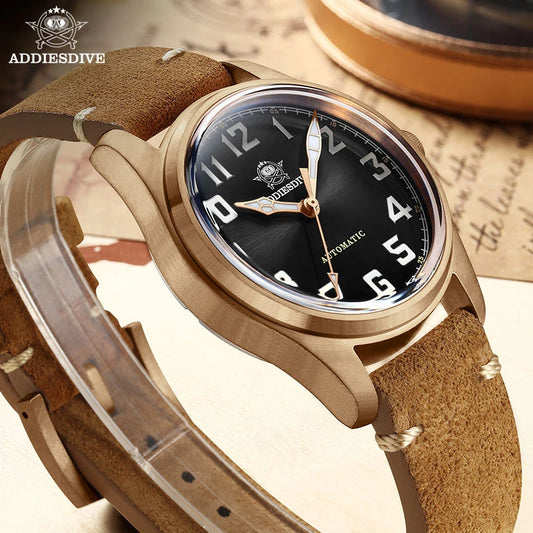 ADDIESDIVE 39mm Vintage CuSn8 Bronze Diver 200m Men's Watch Bubble mirror sapphire glass Automatic Mechanical Leather Strap