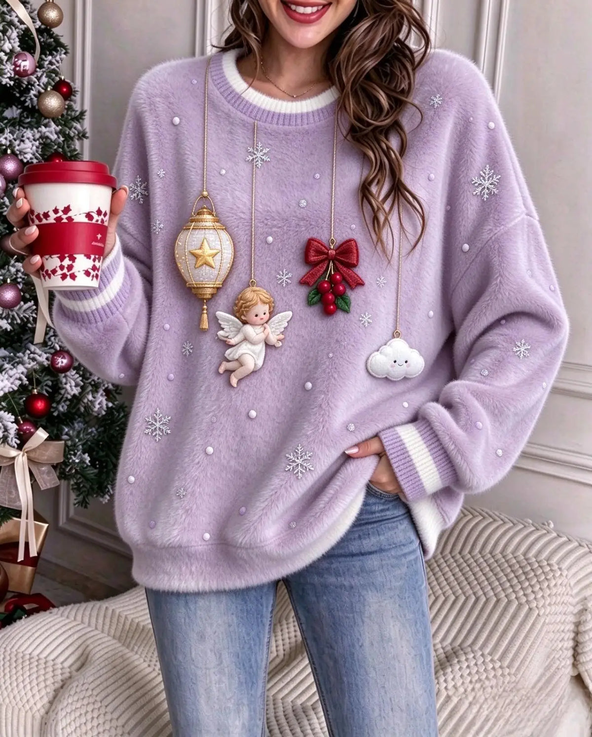 Soft Flannel Christmas Sweatshirt for Women Penguin Nutcracker Ornaments Crew Neck Casual Pullover