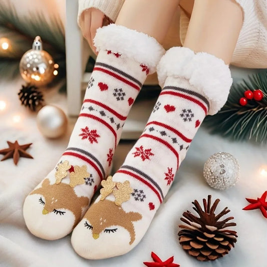 Christmas Fluffy Slipper Socks for Women Cartoon Reindeer Pattern Winter Warm Thick Fleece Lined Non Slip Cosy Long Socks Gift