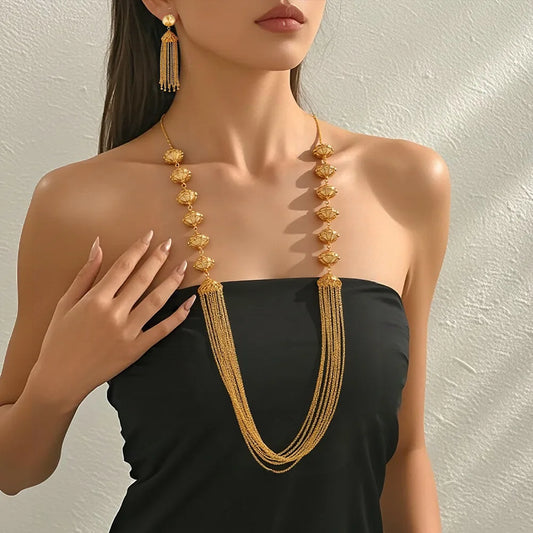 Tassel Necklace Earrings Long Set Women's 24K Gold AU999-Stackable tassel jewelry set,vivid layered style, trendy for mix&match