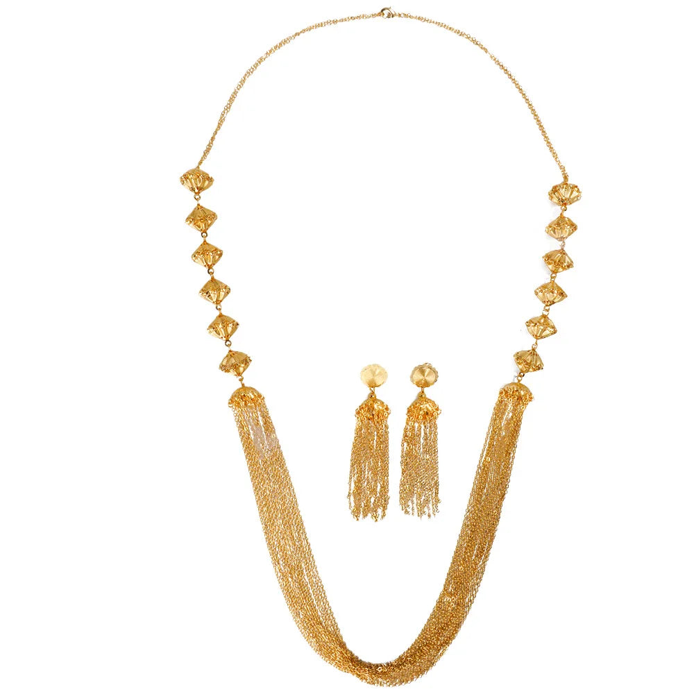 Tassel Necklace Earrings Long Set Women's 24K Gold AU999-Stackable tassel jewelry set,vivid layered style, trendy for mix&match