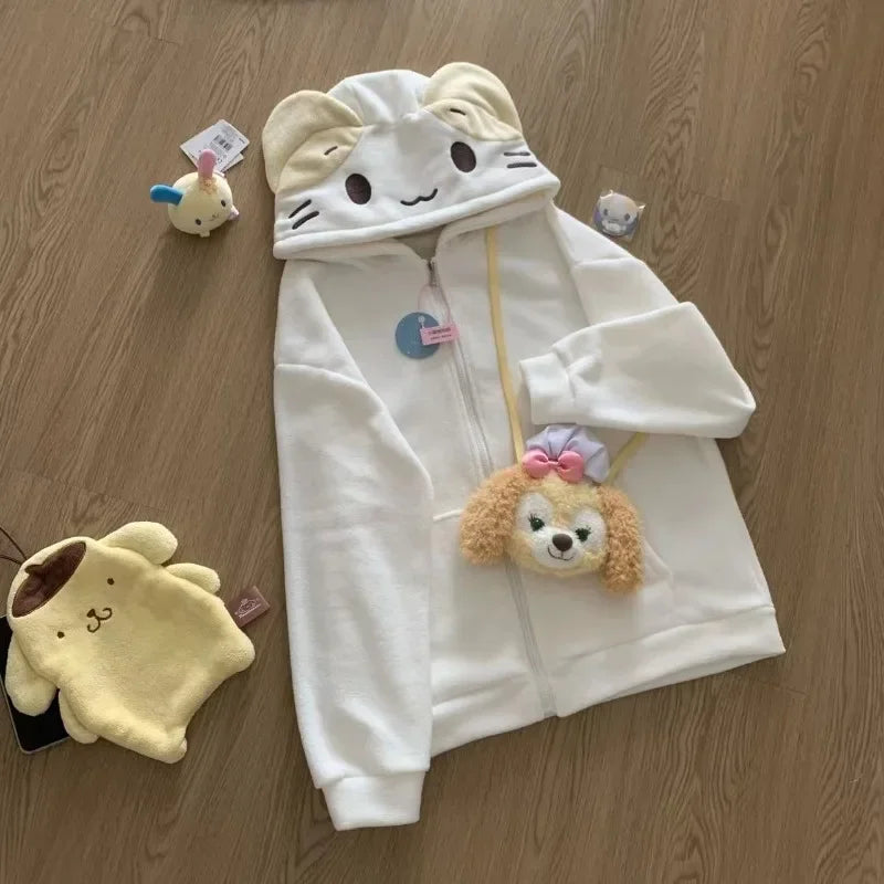 Kawaii Lolita Style Women Fleece Hoodies Cutecore Oversize Japanese Soft Girl Zipper Sweatshirt Casual Cartoon Cardigan Jacket