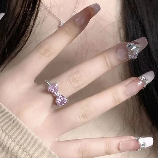 Fashion Trend Pink Crystal Bowknot Heart Rings Zircon Ring Y2K Shiny Zircon Rings for Women Girls Party Aesthetic Jewelry 2024 N