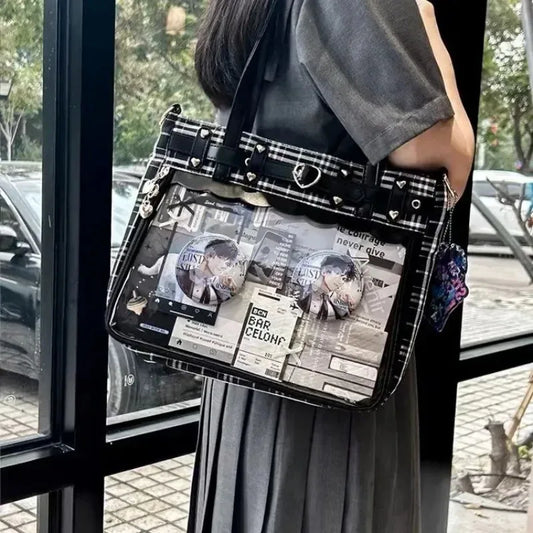 Women Fashion Checkered Pattern Retro Ita Bag Cute Girl Transparent Large Capacity Tote Bag DIY Display Handbag New Shoulder Bag