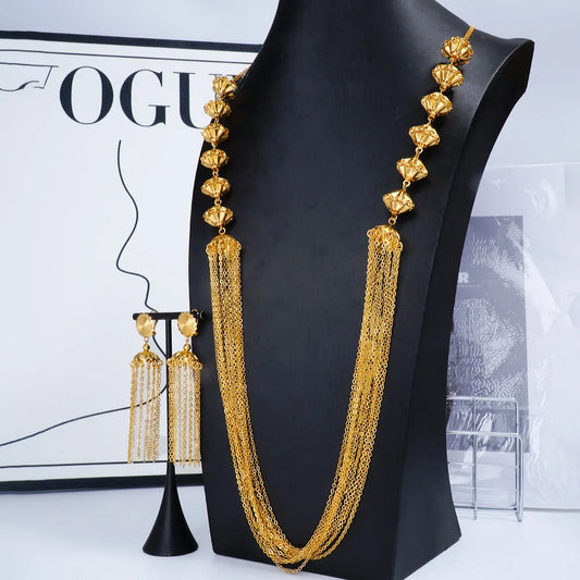 Tassel Necklace Earrings Long Set Women's 24K Gold AU999-Stackable tassel jewelry set,vivid layered style, trendy for mix&match