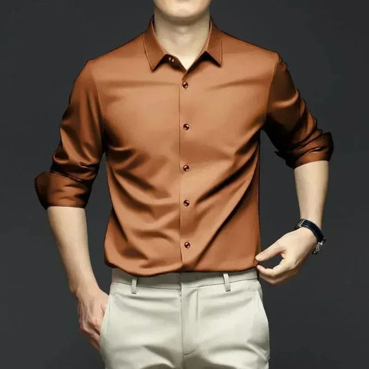 S-6XL Men's Long Sleeve Shirt Luxury Wrinkle Resistant Pure White Shirt Business Dress Casual Ice Silk Glossy Shirt