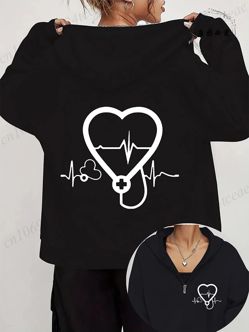 Women's Autumn Winter Hoodies Stethoscope EKG printed zipper Hooded Jackets Nursing Zipper Pocket Sweatshirt Nurse Life Outwear