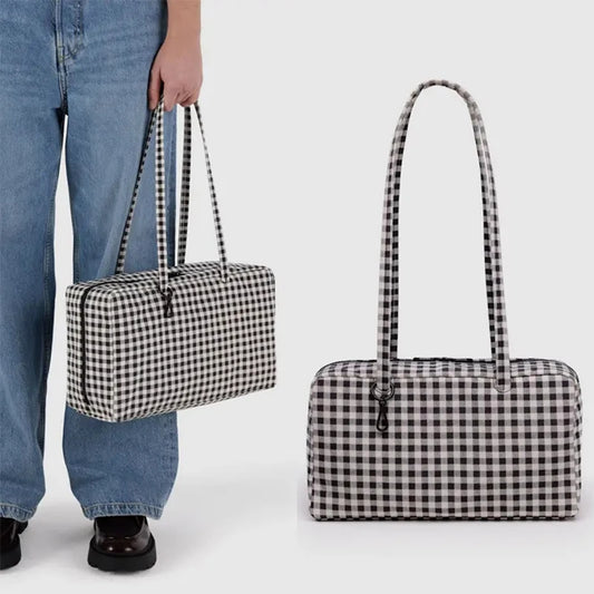 Simple Large-capacity Square Shoulder Bag Fashion Plaid Nylon Handbag Durable Canvas Material Travel Bag Daily Use Storage Bag