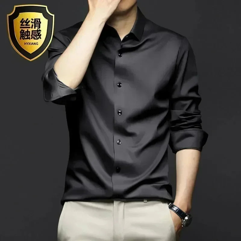 S-6XL Men's Long Sleeve Shirt Luxury Wrinkle Resistant Pure White Shirt Business Dress Casual Ice Silk Glossy Shirt