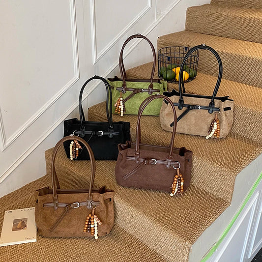 Stylish Vintage Solid Color Imitation Suede Women Shoulder Bag Pendant Buckle Decoration Large Capacity for Outings Commuting