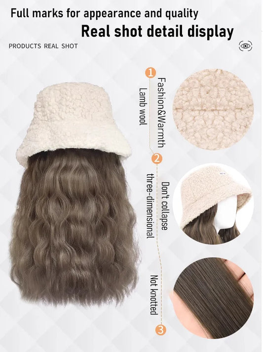 Synthetic 50cm winter cold resistant wig hat with long straight hair and long curly hair black/white hat with lambhair Christmas