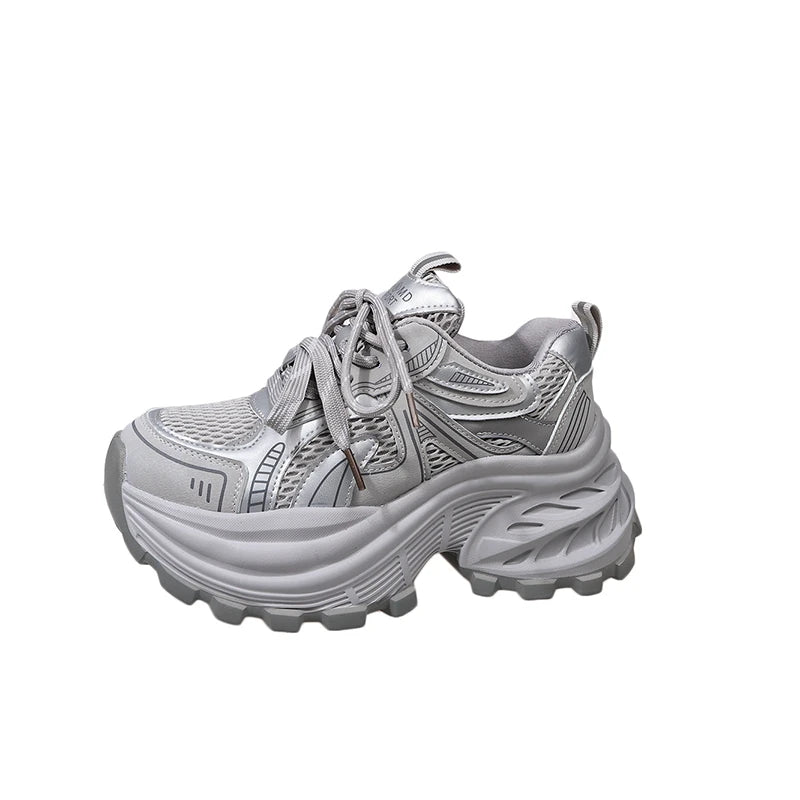 8.5CM Mesh Microfiber Leather Casual Shoes New 2026 Spring Women Chunky Sneakers High Platform Outdoor Sports Dad Shoes Woman