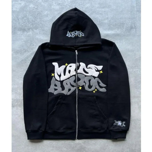 Zipper hooded sweatshirt with retro American letters suitable for men and women wearing Y2K jacket autumn/winter cardigan