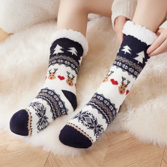 Christmas Fluffy Slipper Socks for Women Cartoon Reindeer Pattern Winter Warm Thick Fleece Lined Non Slip Cosy Long Socks Gift