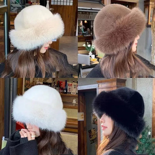 Women's Fluffy Fur Bucket Hat Plush Winter Fisherman Cap Warm Thick Hat for Snowy Days Christmas Gifts