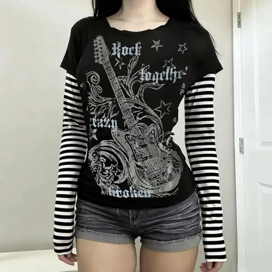 American Subculture Punk Print T-shirt Harajuku Striped Patchwork Tshirts Retro Y2K Gothic Tee Hip-hop Hottie Fake Two-piece Top