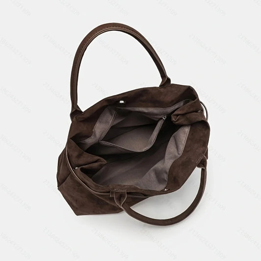 Women's Suede Retro Tote Bag, Elegant Coffee-Colored Faux Suede Handbag, Versatile Shoulder Bag for Commuting and Casual Use
