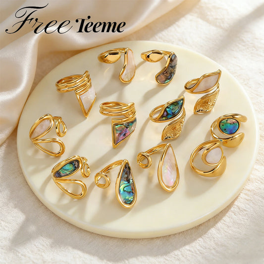 Freeteeme High-End Various Irregular Geometric Rings for Women Stainless Steel Shell-Set Open Rings Daily Versatile Accessories