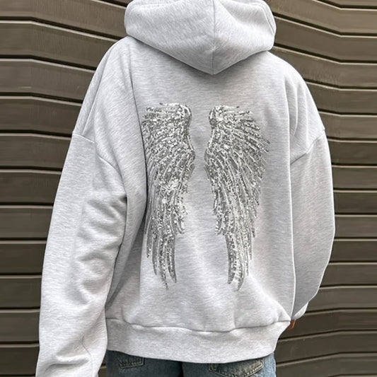 Women's Shinny Sequin Angel Wings Hooded Jacket Pant Long Sleeve Loose Casual Hooded Pullover 2025 New Lady Y2K Autumn Outwears