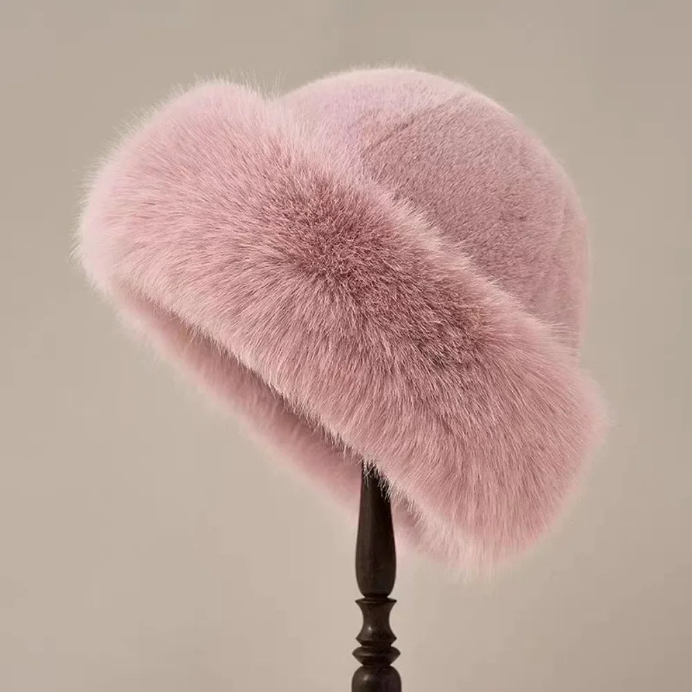 Women's Fluffy Fur Bucket Hat Plush Winter Fisherman Cap Warm Thick Hat for Snowy Days Christmas Gifts