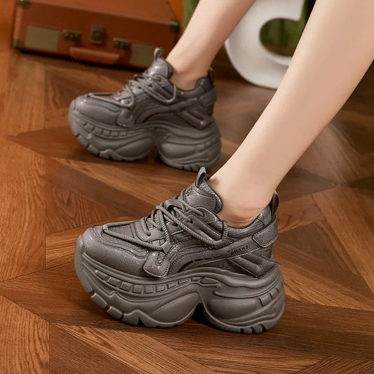 9cm Genuine Leather Chunky Sneakers for Women Fashion Sneakers Walking Shoes Platform Heel Sneakers Women Casual Shoes