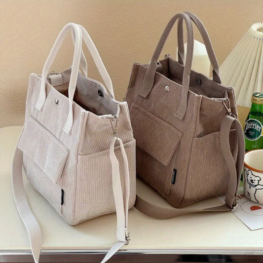 Hand Washable Corduroy Tote Bag with Multiple Pockets, Everyday Crossbody or Shoulder Bag, Solid Color Satchel for Daily Use