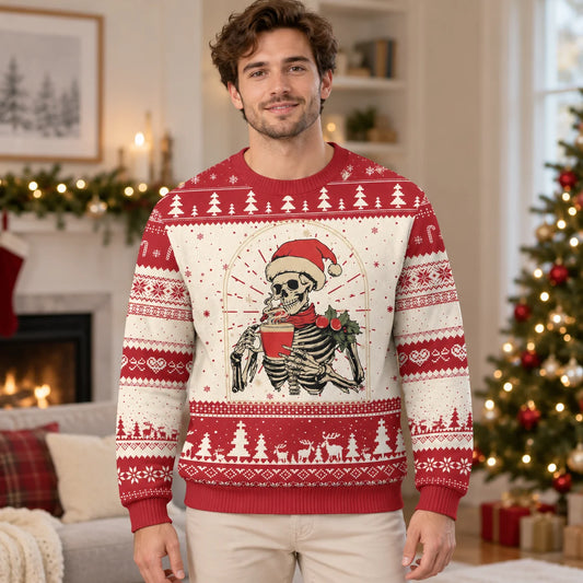 2027 Choose a Darker Holiday Look with an Ugly Christmas Sweater Gothic Skeleton Graphics on Printed Long Sleeve Xmas Sweaters
