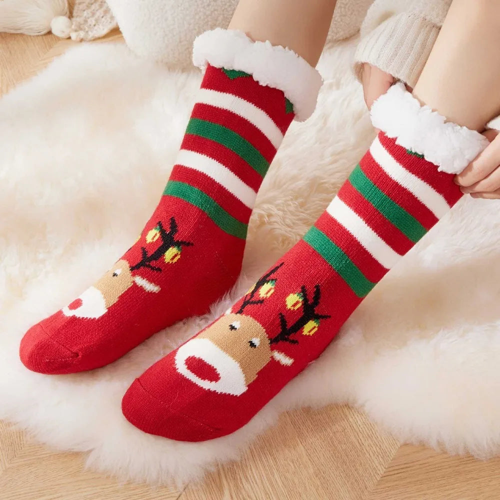 Christmas Fluffy Slipper Socks for Women Cartoon Reindeer Pattern Winter Warm Thick Fleece Lined Non Slip Cosy Long Socks Gift