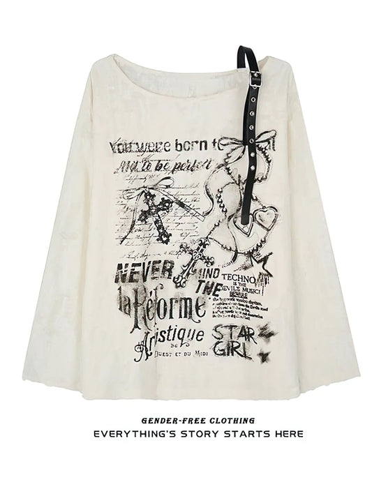 Vintage Y2K Oversize Off shoulder T shirt With Print Women Ripped Top Hole Long sleeve Baggy Basic T shirt Pulovers Ladies Tops