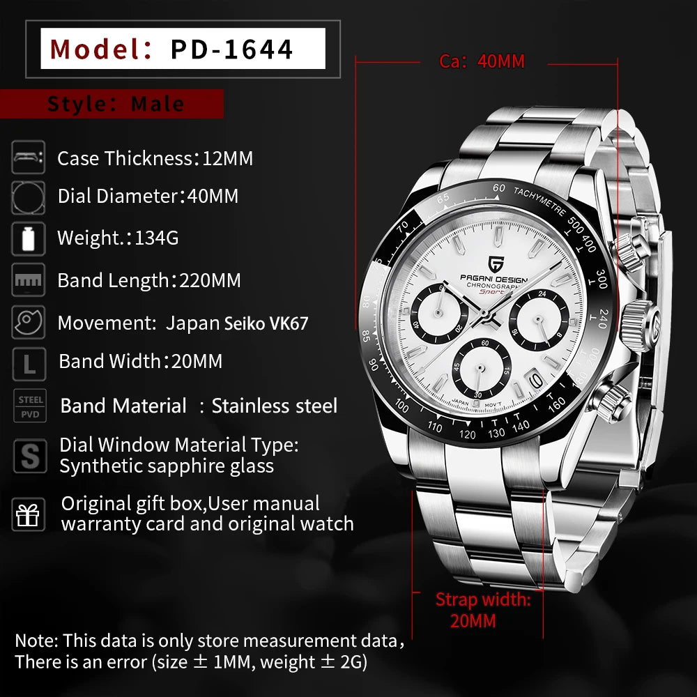New PAGANI DESIGN PD1644 Luxury Men's Quartz Watch Automatic date Wristwatches Sport 100m Waterproof Chronograph Men Gift