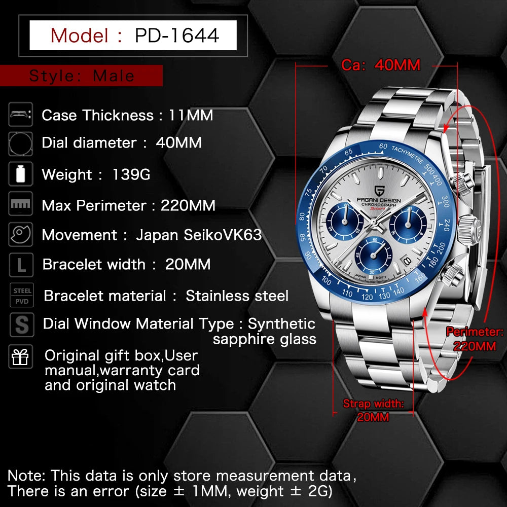 New PAGANI DESIGN PD1644 Luxury Men's Quartz Watch Automatic date Wristwatches Sport 100m Waterproof Chronograph Men Gift