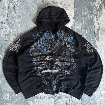 Affliction Fashion Hoodie Street Gothic Skull Oversize Zipper Hoodie Men Women Hip Hop Casual Sweatshirt Personality Hoodie Y2K
