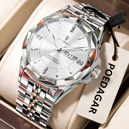 POEDAGAR Luxury Fashion Man Clock Top Business Waterproof Luminous Date Week Men's Watches Quartz Stainless Steel Men Wristwatch