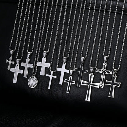 Basic Punk Cross Necklace for Men Boys,Stainless Steel Silver Color Cross Pendant Necklace,Christian Religious Jewelry Gift
