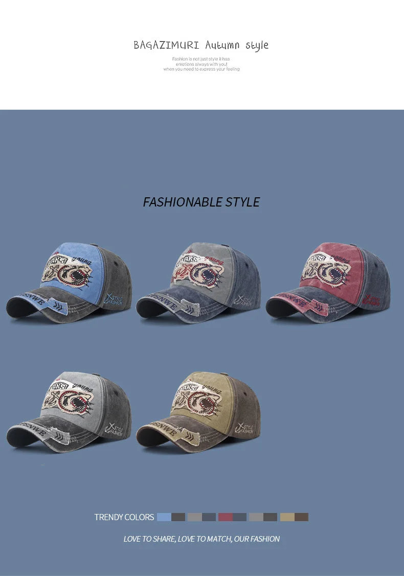 Four Seasons Washed Vintage Distressed Curvy Brimmer Cap Men's Women's Fashion Patch Embroidery Sun Cap Adjustable