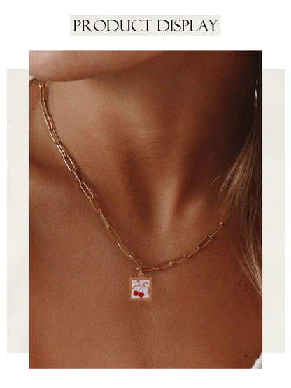 316L Stainless Steel Necklace - Whimsical Cherry Strawberry Charm Pendant, 17mm Square Hypoallergenic Dainty Jewelry for Women