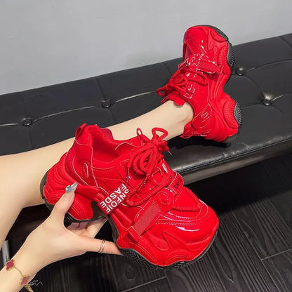 Women Chunky Sneakers Spring New Fashion Lace Up Red Platform Shoes Outdoor Trendy Versatile Casual Sports Shoes Zapatos Mujer