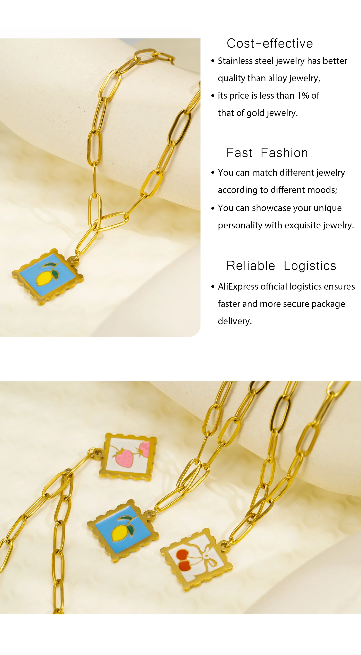 316L Stainless Steel Necklace - Whimsical Cherry Strawberry Charm Pendant, 17mm Square Hypoallergenic Dainty Jewelry for Women