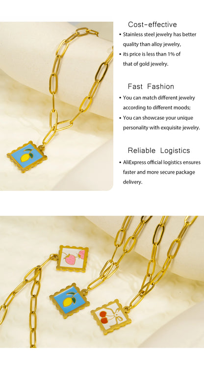 316L Stainless Steel Necklace - Whimsical Cherry Strawberry Charm Pendant, 17mm Square Hypoallergenic Dainty Jewelry for Women