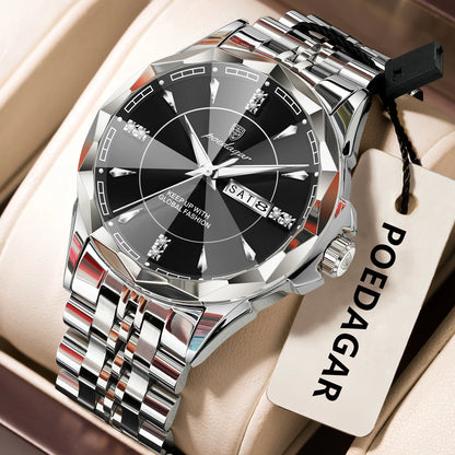POEDAGAR Luxury Fashion Man Clock Top Business Waterproof Luminous Date Week Men's Watches Quartz Stainless Steel Men Wristwatch