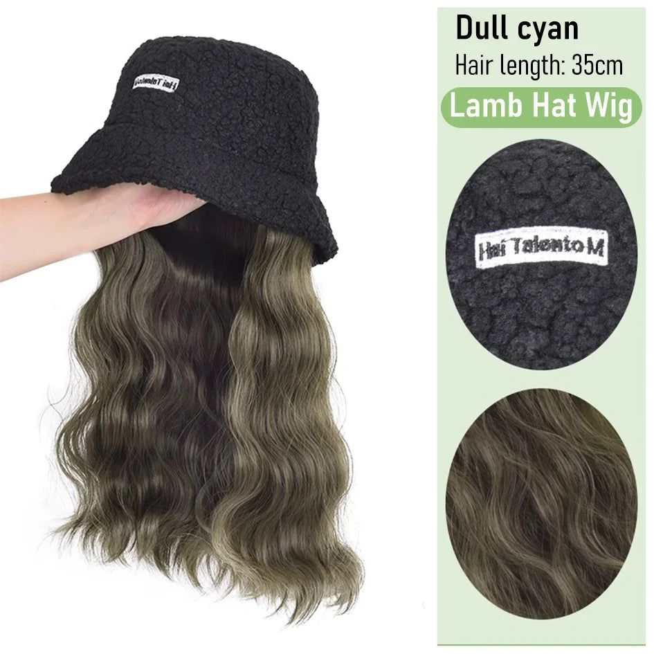 Synthetic 50cm winter cold resistant wig hat with long straight hair and long curly hair black/white hat with lambhair Christmas
