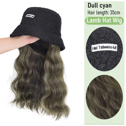 Synthetic 50cm winter cold resistant wig hat with long straight hair and long curly hair black/white hat with lambhair Christmas